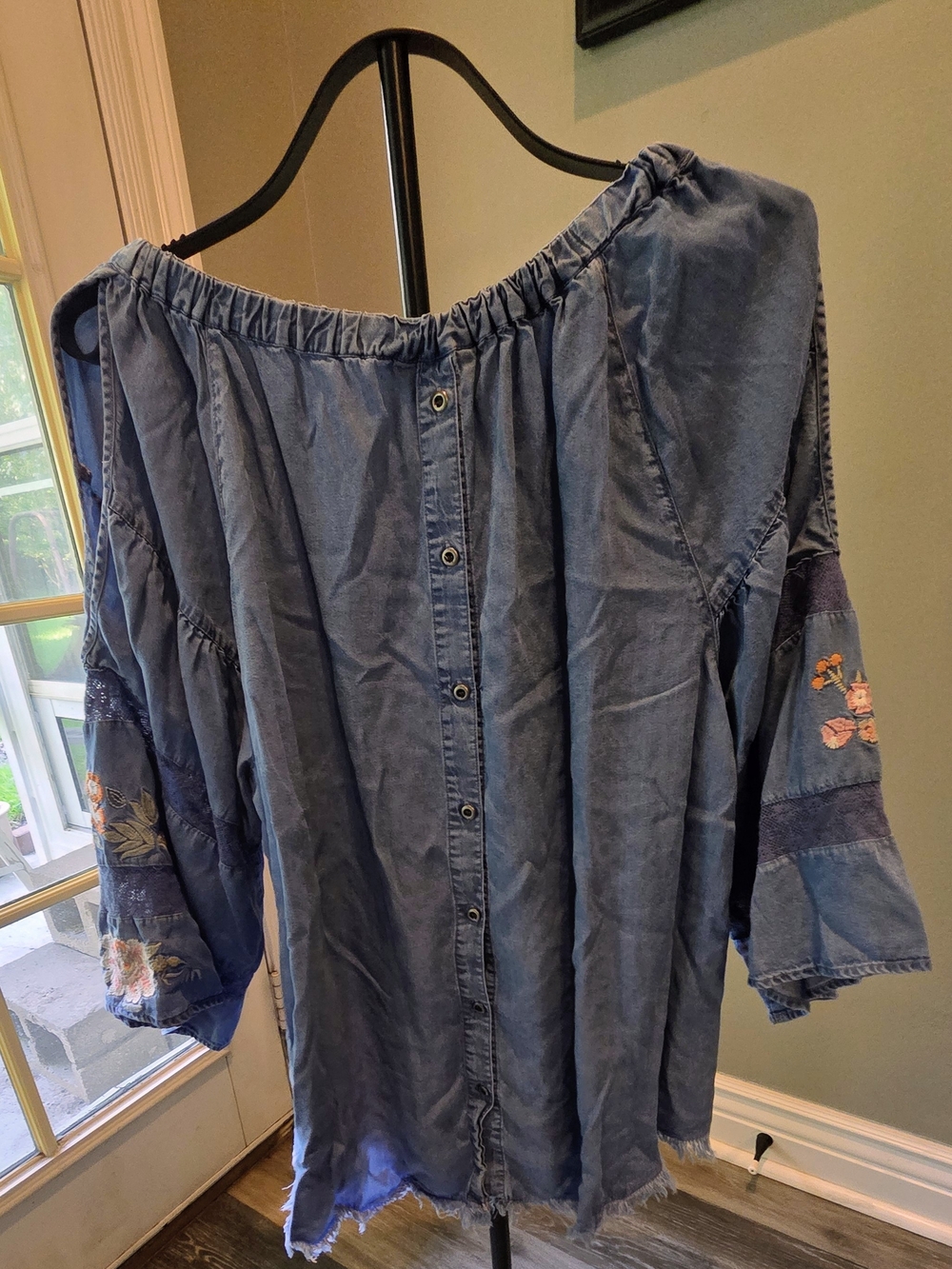 Ali Miles Denim-Style Off-Shoulder Tunic with Embroidered Sleeves